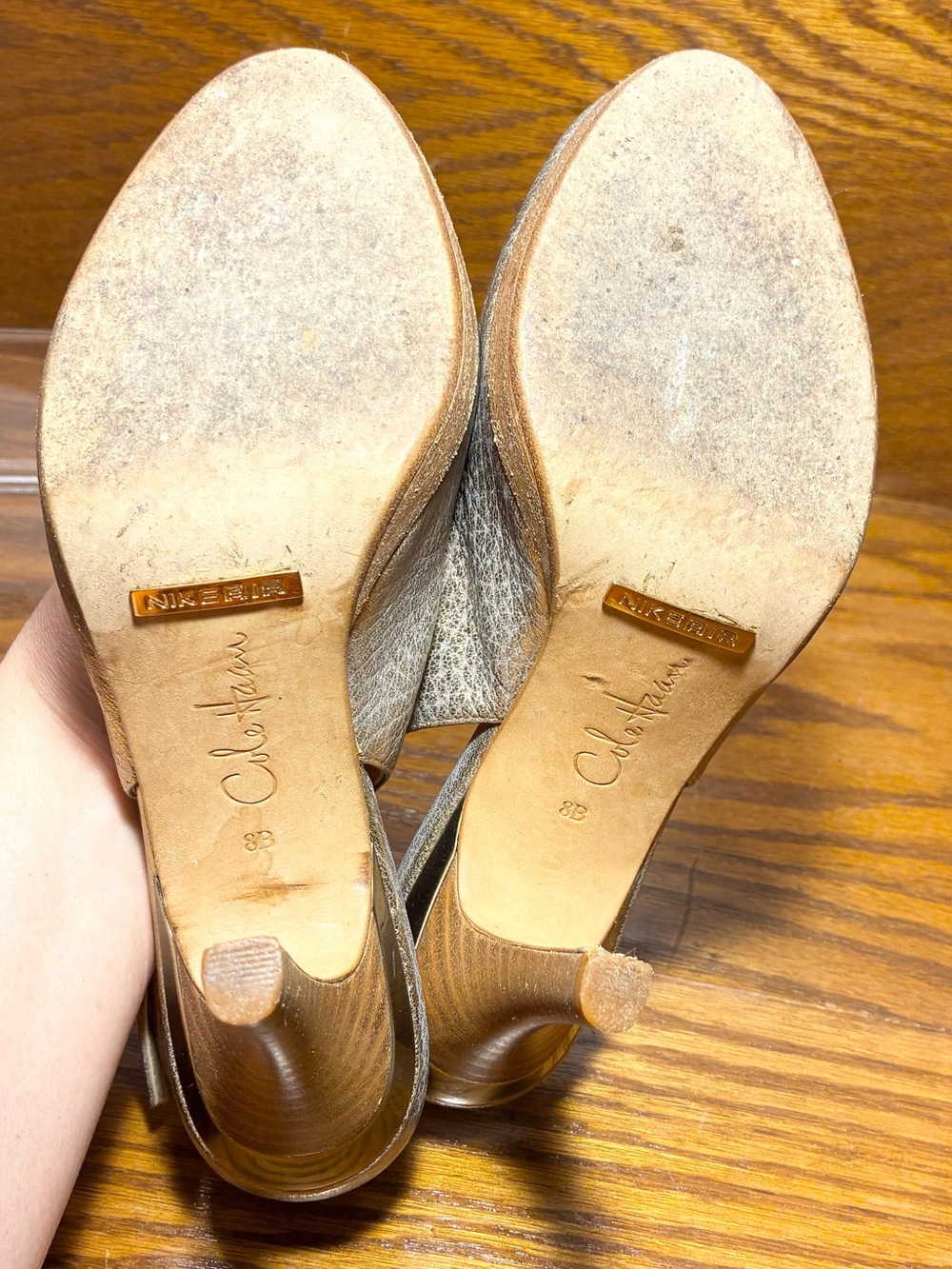 Y2K VTG Cole Haan Nike Air Gold Silver Crackled Leather Peep Toe Slingback Heels - Picture 9 of 14
